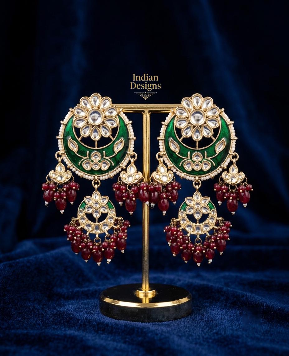 Emerald Green Kundan Chandbali Earrings with Maroon Bead Drops| Indian Ethnic Wedding Jewelry| Traditional Statement Earrings| Gift for her