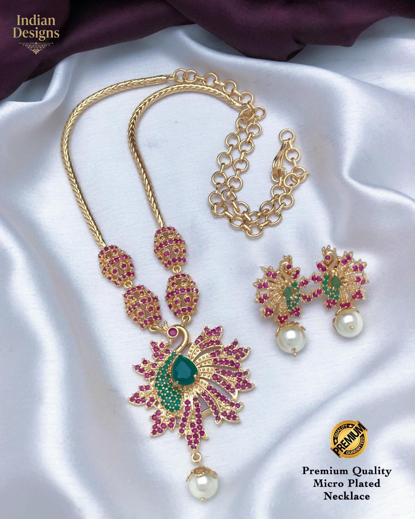 Peacock Pendant Necklace Set with Earrings| Gold Plated CZ Ruby Emerald Pearl Jewelry| Indian Wedding Necklace| AD necklace set|Gift for her
