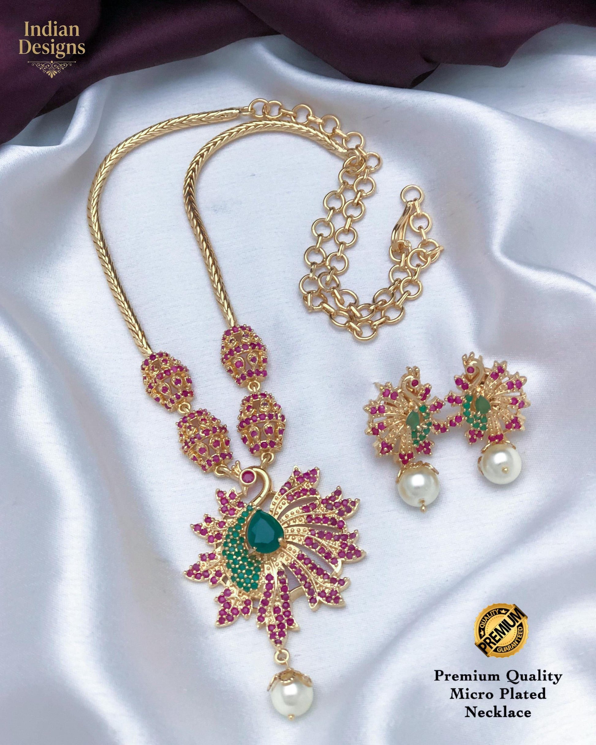 Peacock Pendant Necklace Set with Earrings| Gold Plated CZ Ruby Emerald Pearl Jewelry| Indian Wedding Necklace| AD necklace set|Gift for her
