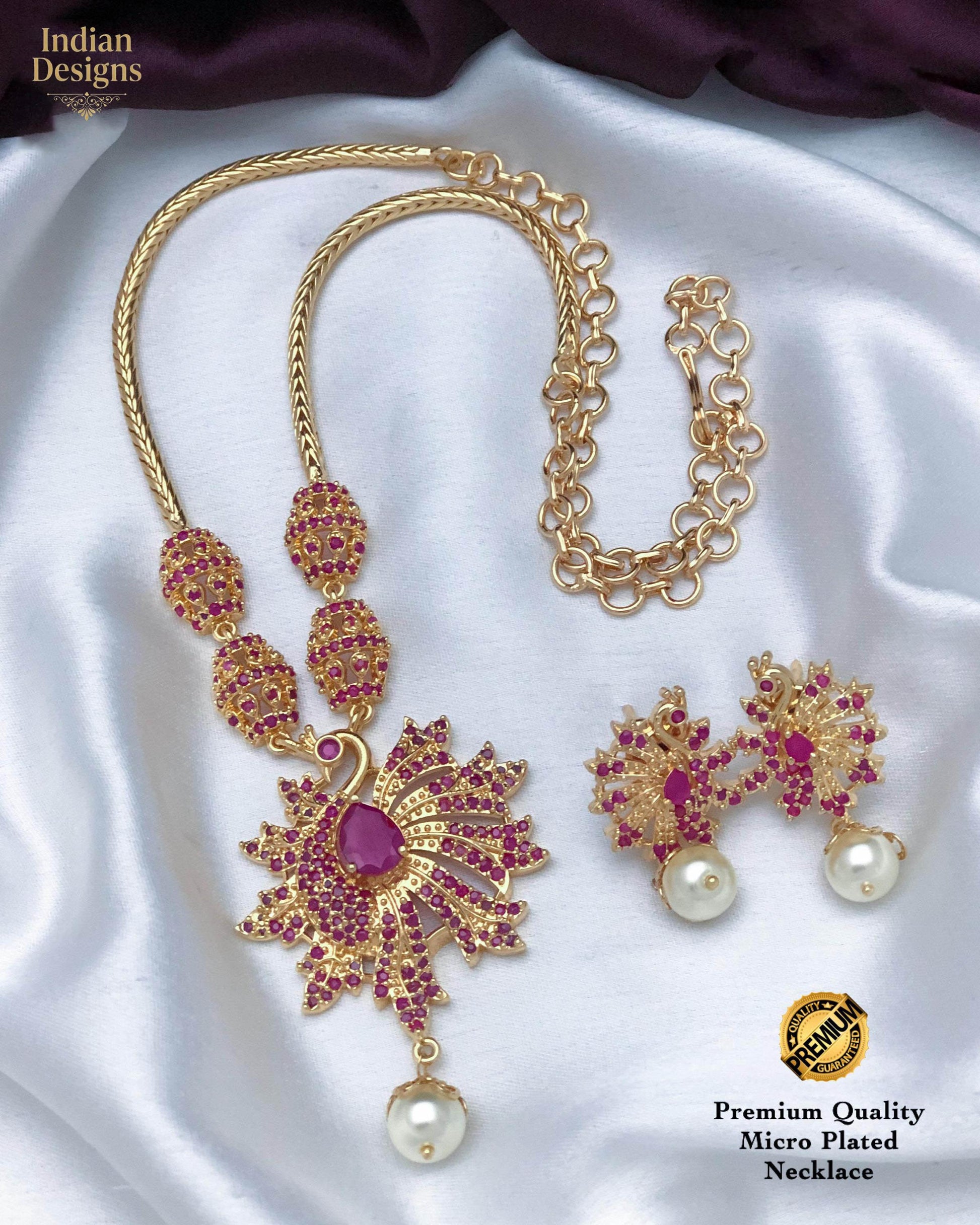 Peacock Pendant Necklace Set with Earrings| Gold Plated CZ Ruby Emerald Pearl Jewelry| Indian Wedding Necklace| AD necklace set|Gift for her