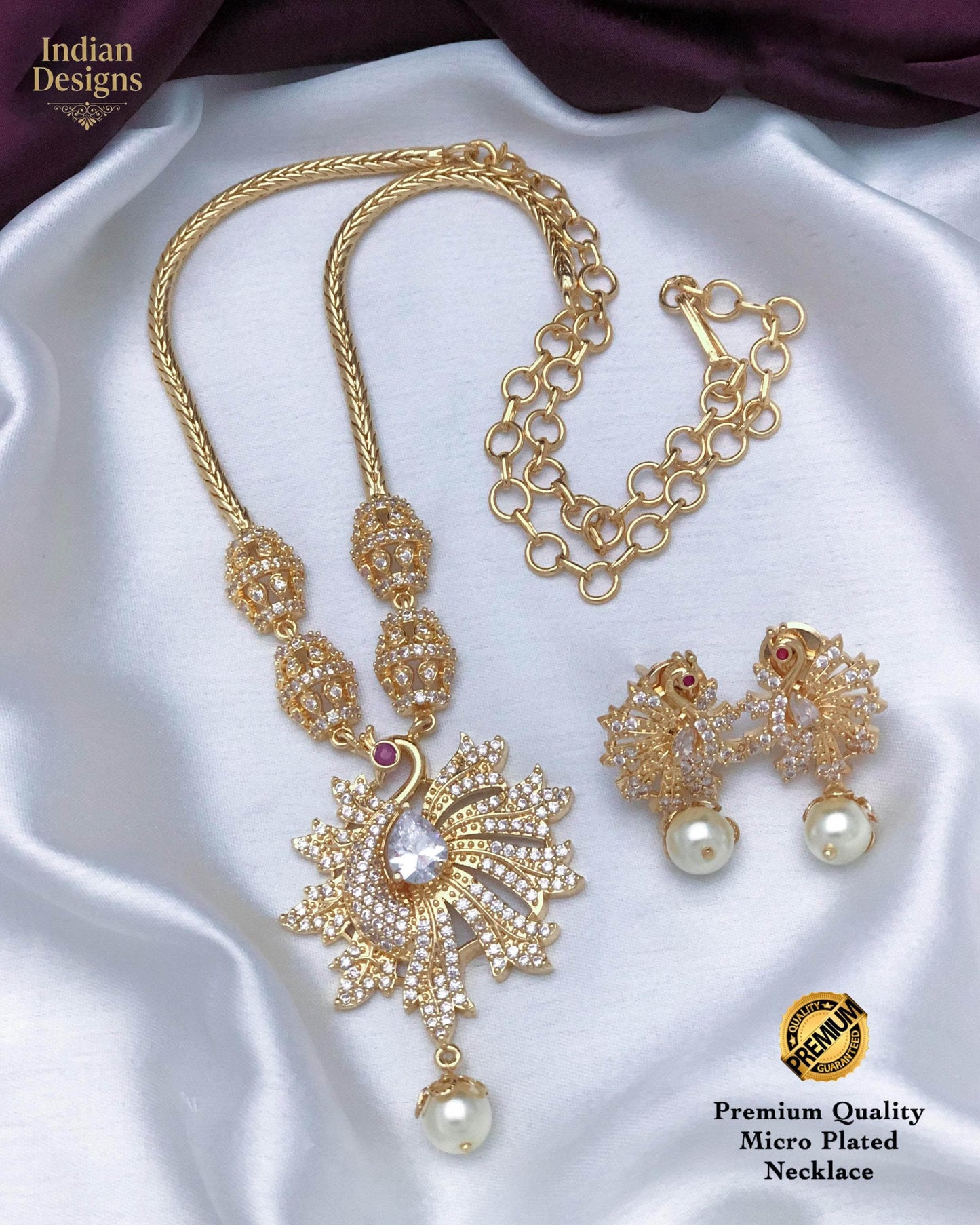 Peacock Pendant Necklace Set with Earrings| Gold Plated CZ Ruby Emerald Pearl Jewelry| Indian Wedding Necklace| AD necklace set|Gift for her