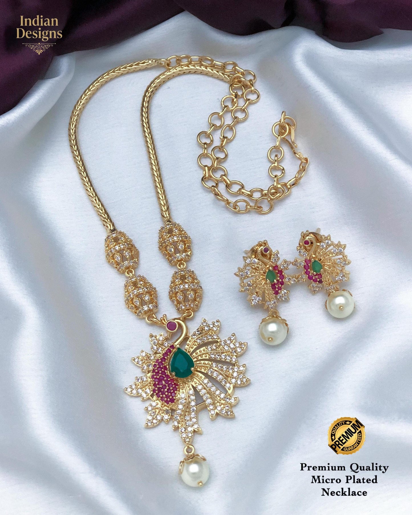 Peacock Pendant Necklace Set with Earrings| Gold Plated CZ Ruby Emerald Pearl Jewelry| Indian Wedding Necklace| AD necklace set|Gift for her