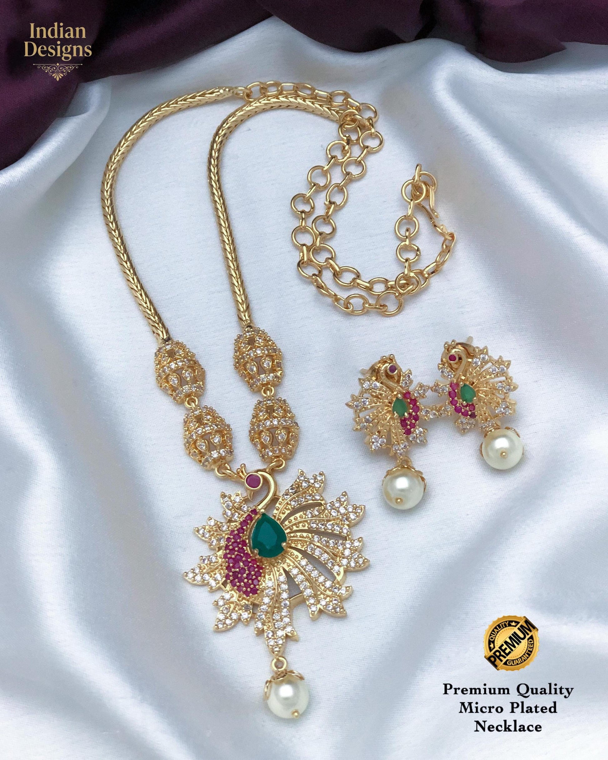 Peacock Pendant Necklace Set with Earrings| Gold Plated CZ Ruby Emerald Pearl Jewelry| Indian Wedding Necklace| AD necklace set|Gift for her