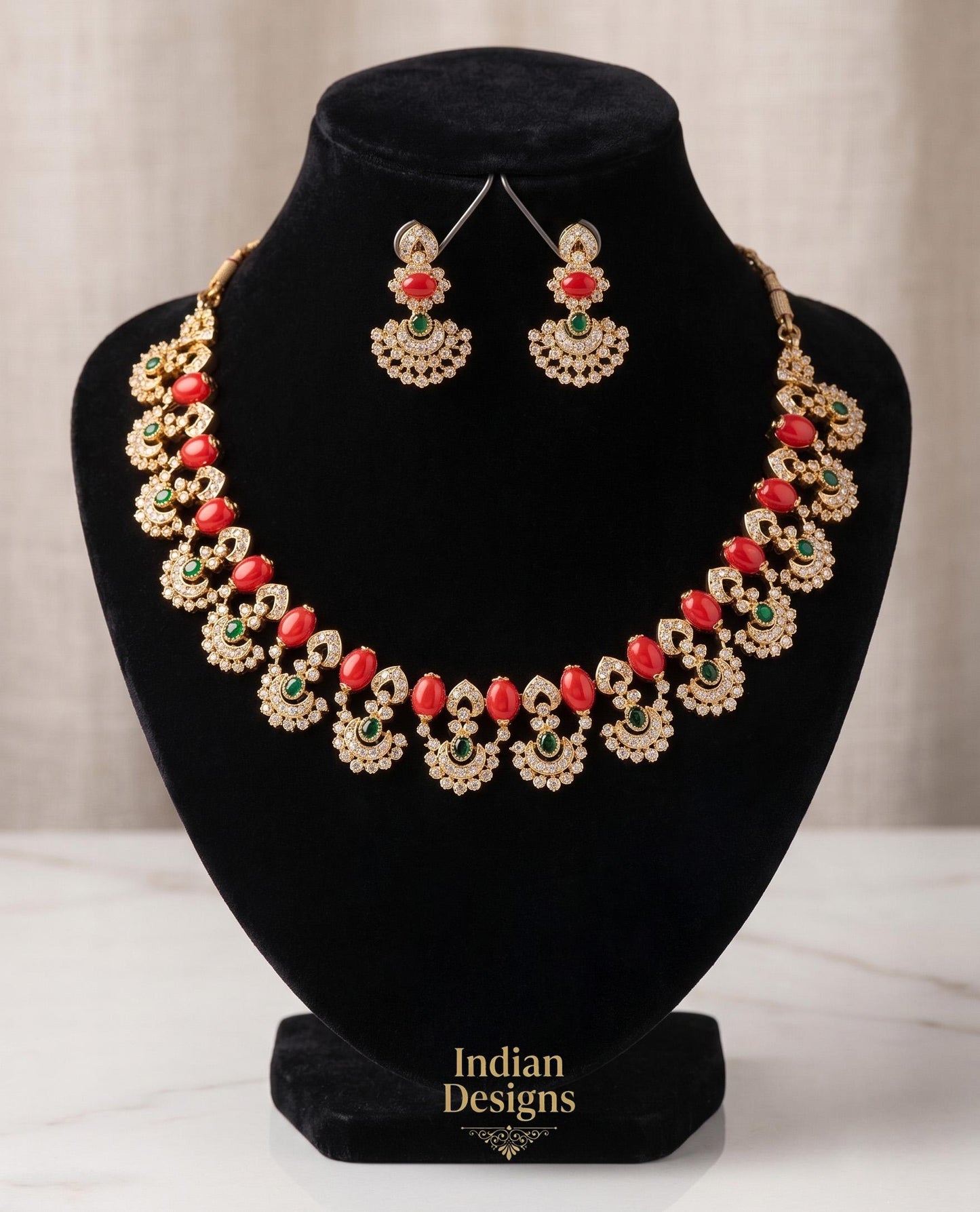 Indian Bridal Necklace Set with Earrings| Red Green CZ AD Jewelry| Gold Plated Wedding Necklace, Bollywood Party Jewelry Gift| Statement set
