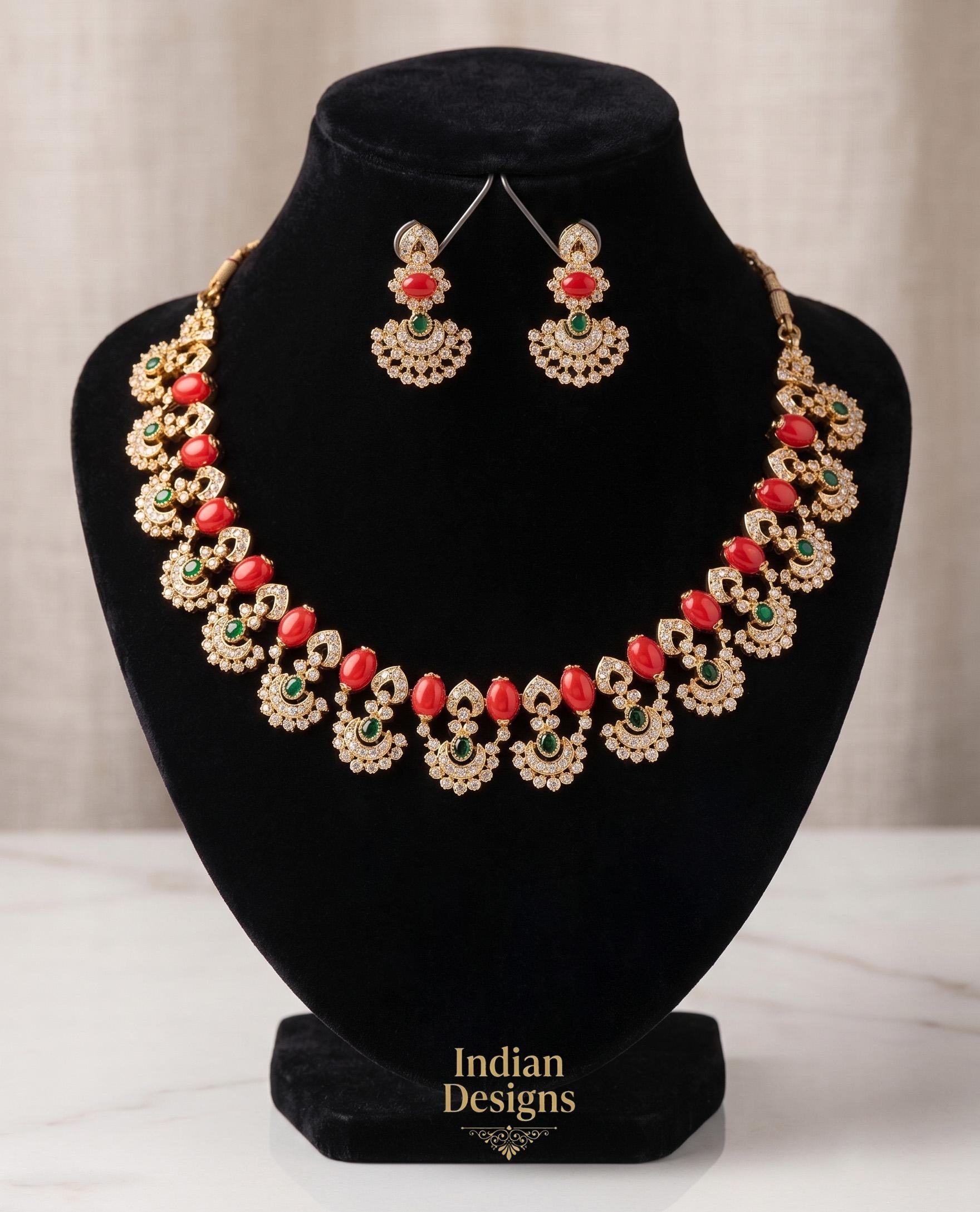 Indian Bridal Necklace Set with Earrings| Red Green CZ AD Jewelry| Gold Plated Wedding Necklace, Bollywood Party Jewelry Gift| Statement set
