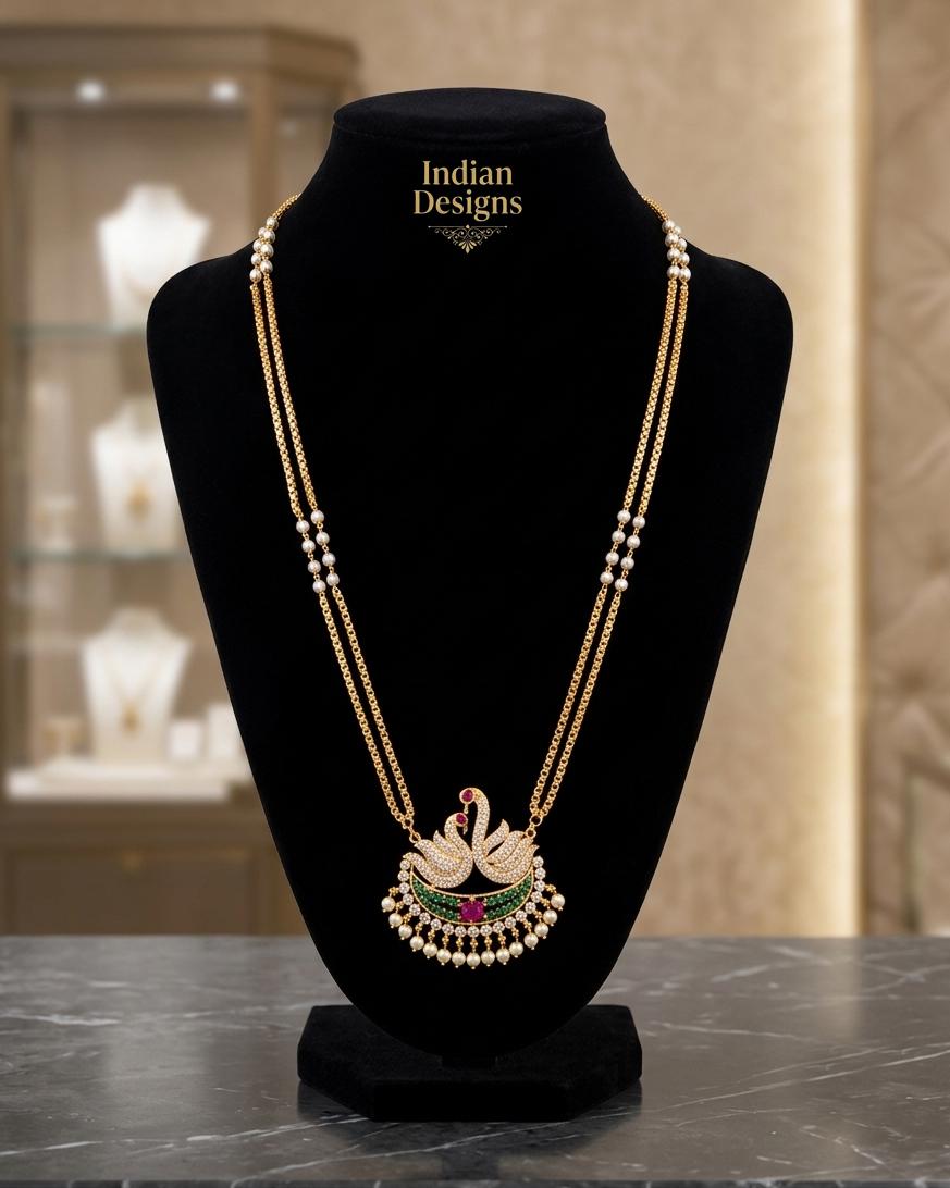 Swan Pendant Long Necklace| Indian Pearl Necklace| CZ American Diamond Necklace| Bridal Jewelry| Wedding Party Jewelry| Gift for Women
