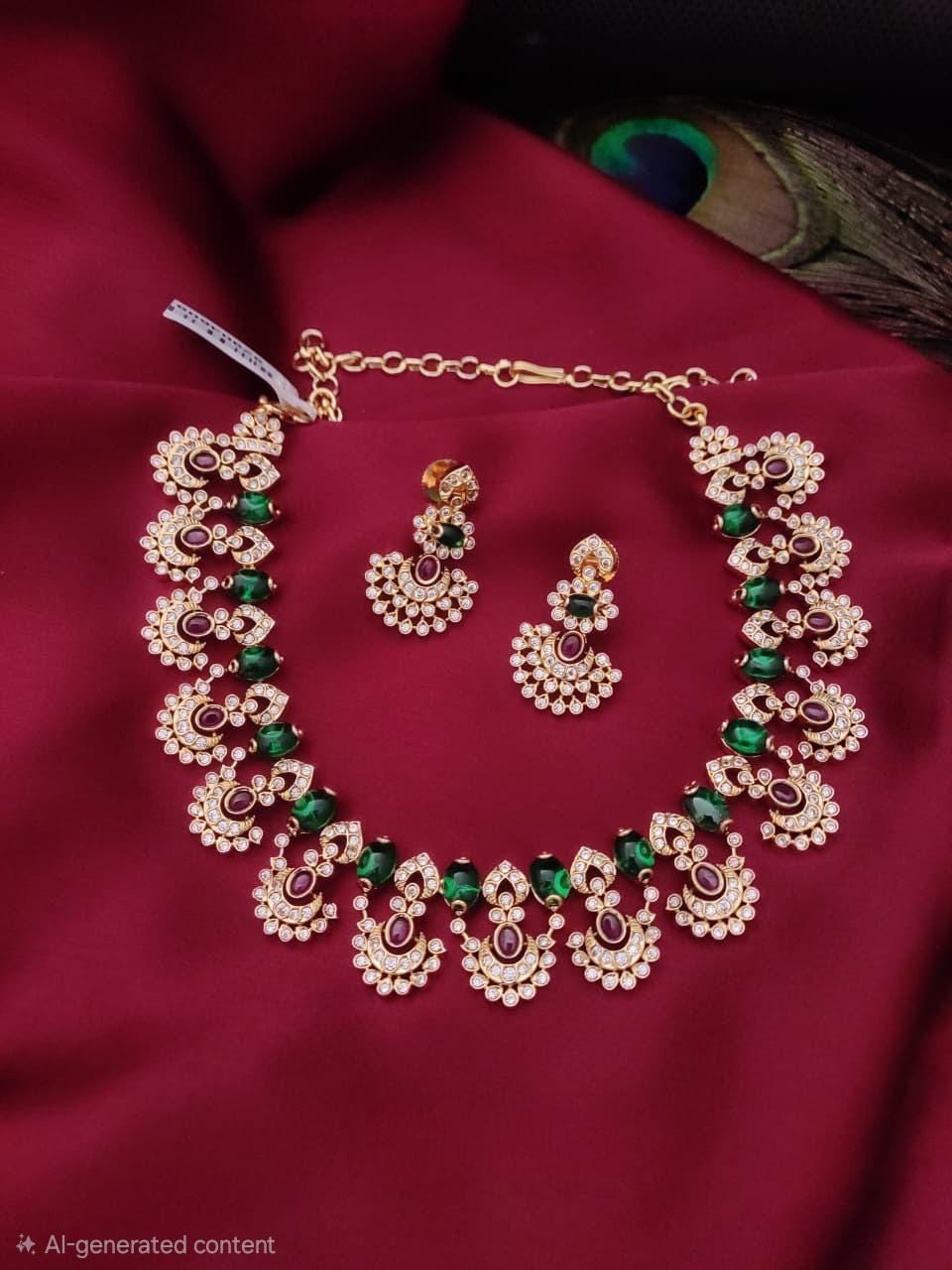Indian Bridal Necklace Set with Earrings| Red Green CZ AD Jewelry| Gold Plated Wedding Necklace, Bollywood Party Jewelry Gift| Statement set