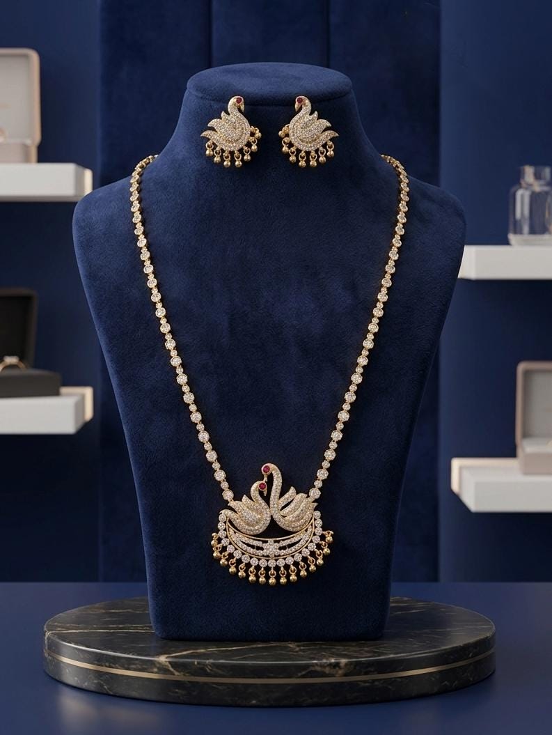 Peacock Bridal Necklace Set with Earrings| Indian Gold Tone Statement Jewelry| Party Wear Wedding Jewelry| Crystal pendant set|Gift for Her