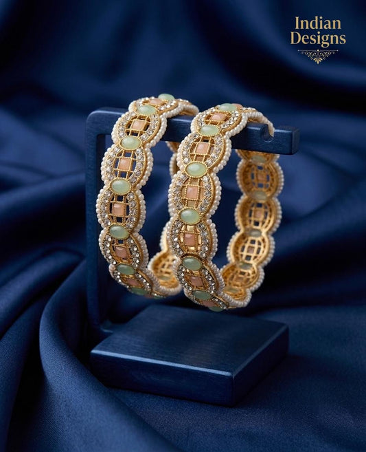 Indian Gold Plated Bangles with Pastel Stones & Pearl Edging| Bridal Bangles| Traditional Wedding Bangle| Mint Green Bangles| Gift for Her