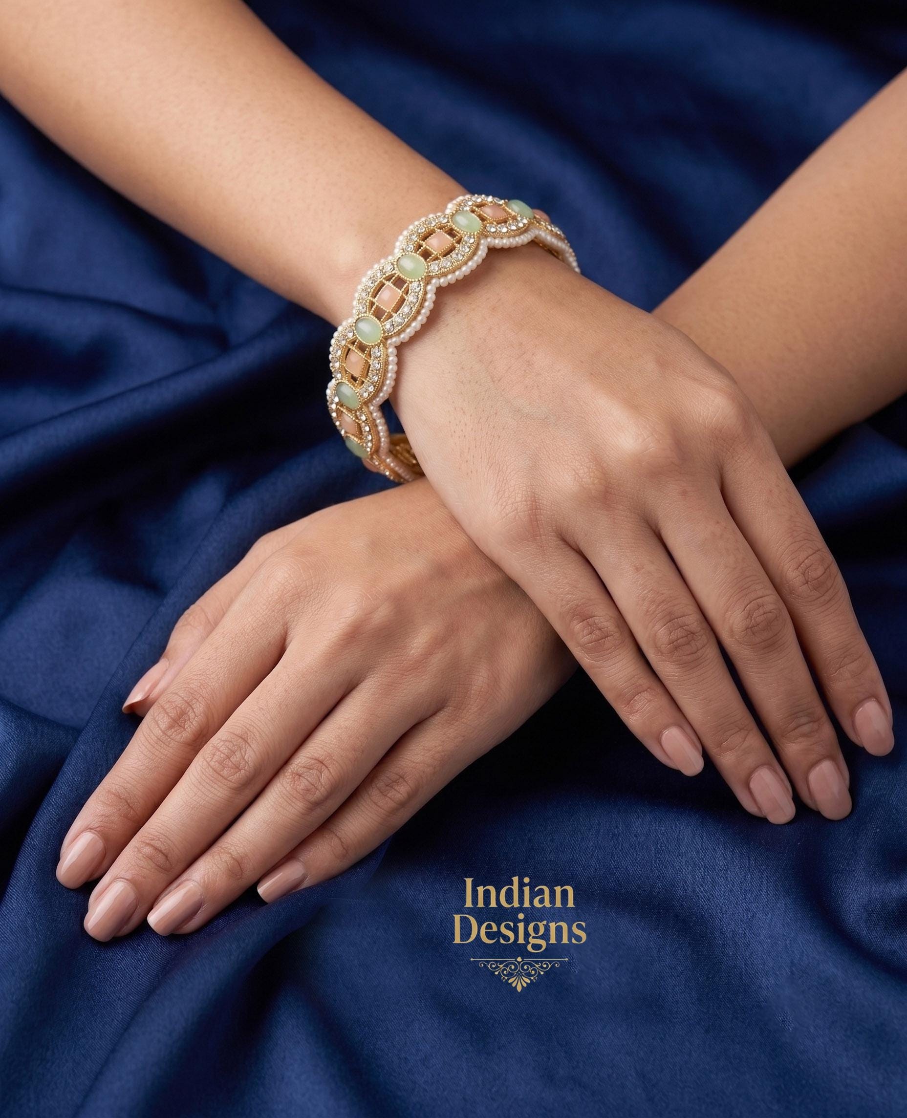 Indian Gold Plated Bangles with Pastel Stones & Pearl Edging| Bridal Bangles| Traditional Wedding Bangle| Mint Green Bangles| Gift for Her