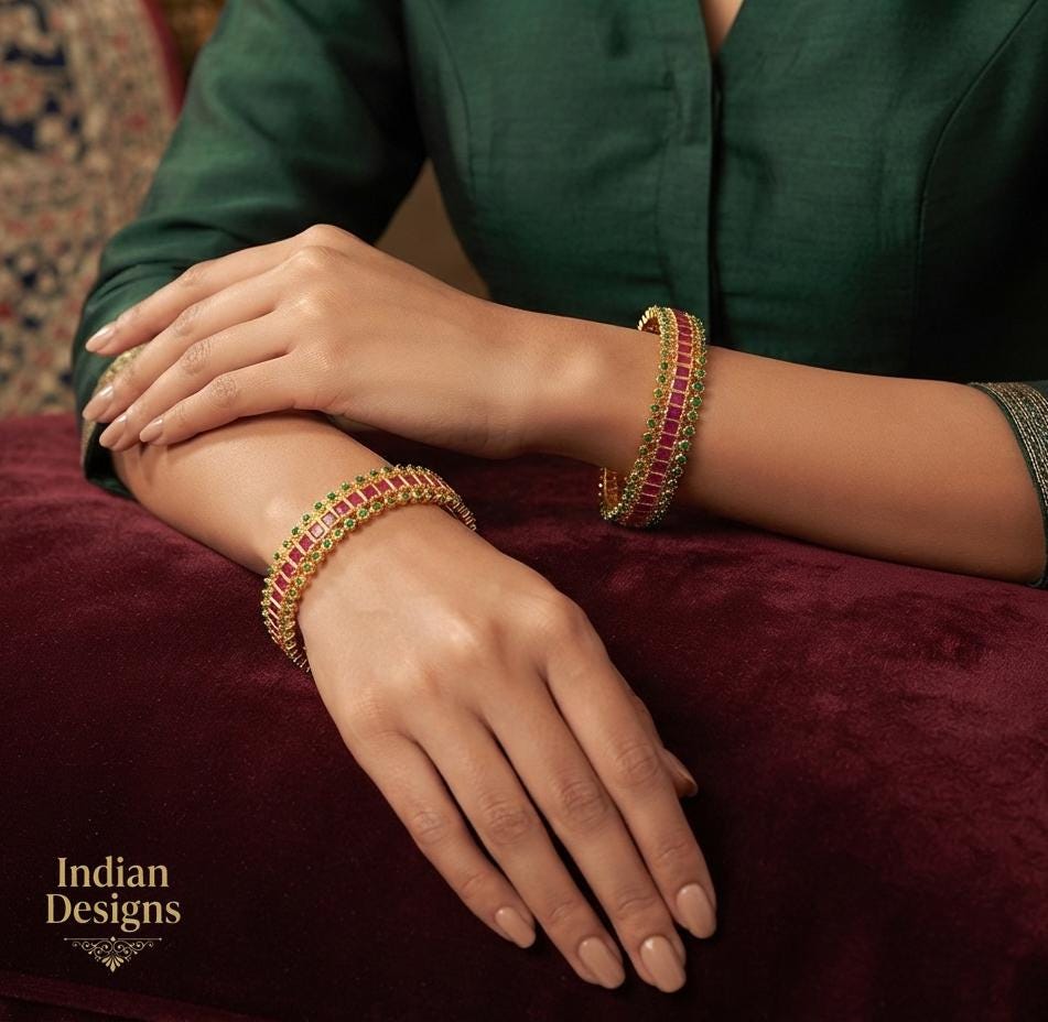 Gold Plated Ruby and Emerald Stone Bangles| Traditional Indian Designer Bangles| Ethnic Party Wear Bracelet| Indian Jewelry Gift for Women