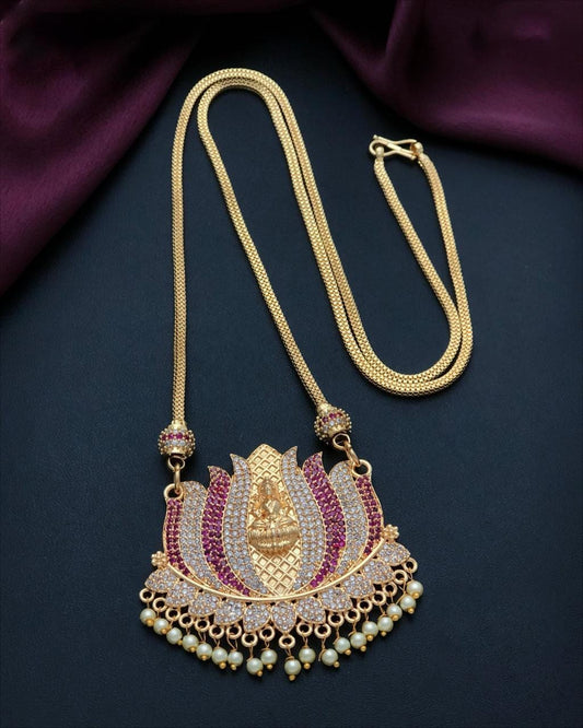 Lakshmi Lotus Pendant Necklace| Gold Plated Temple Jewelry| CZ & Pearl Long Chain| South Indian Indian style Bridal Necklace| Gift for her