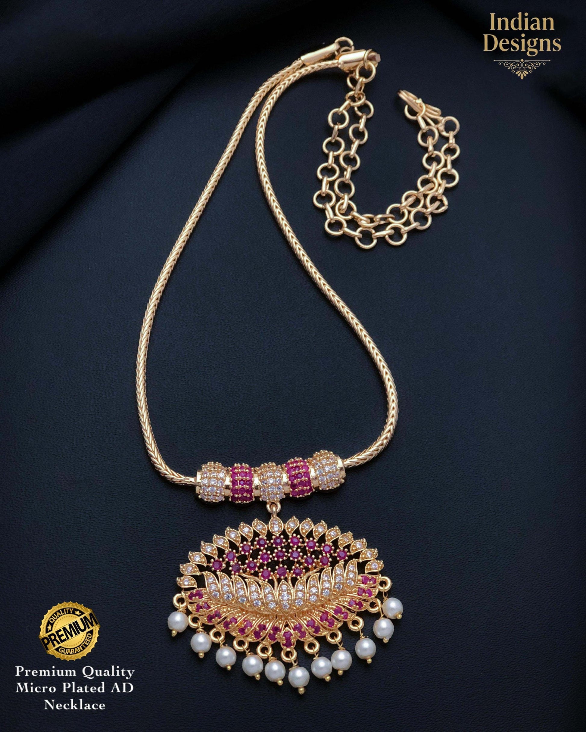 Gold Plated Lotus Necklace| American Diamond Pendant with Pearl Drops| South Indian style Bridal Necklace| Gift for her