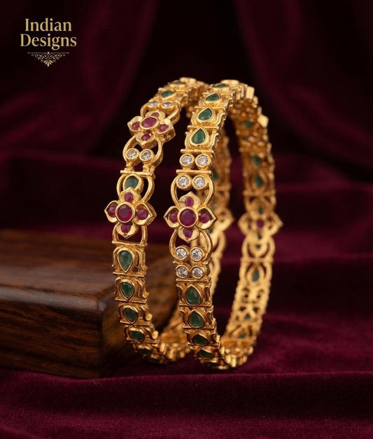 Gold Plated Floral Bangles| Ruby Green CZ Stone Indian Bangles| Traditional Bridal Wedding Jewelry| Ethnic Kada Bracelet Pair| Gift for her