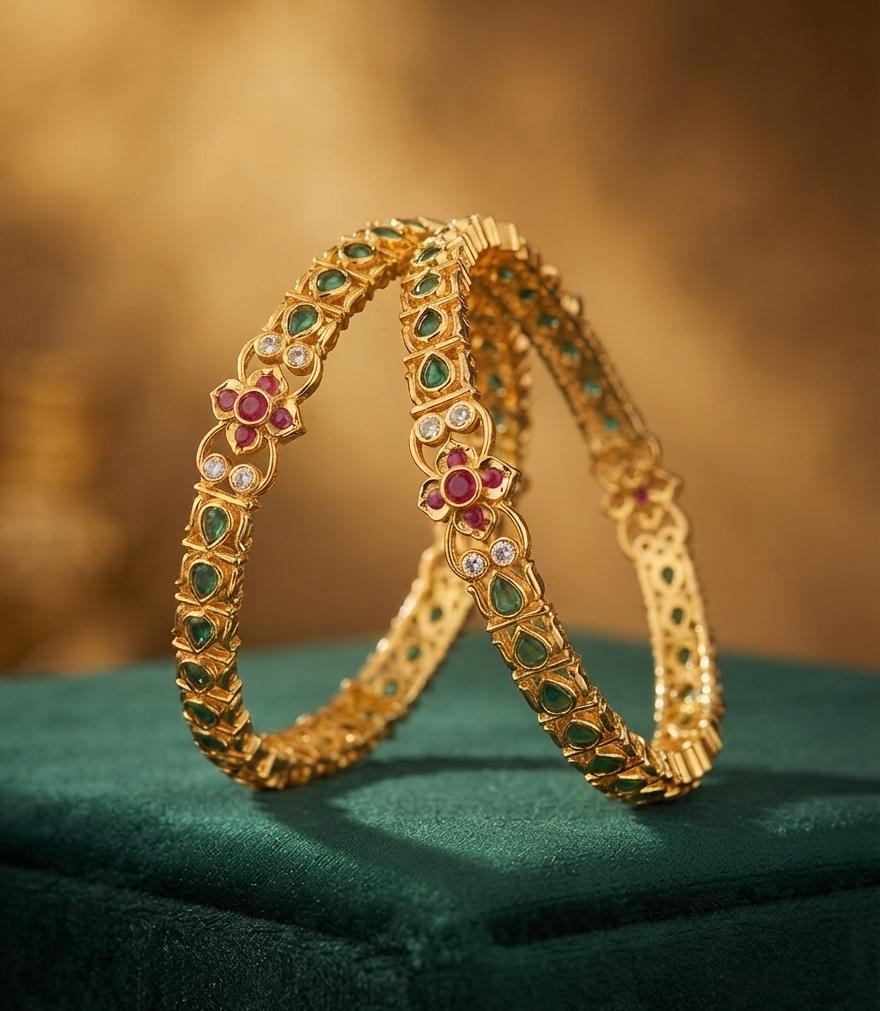 Gold Plated Floral Bangles| Ruby Green CZ Stone Indian Bangles| Traditional Bridal Wedding Jewelry| Ethnic Kada Bracelet Pair| Gift for her