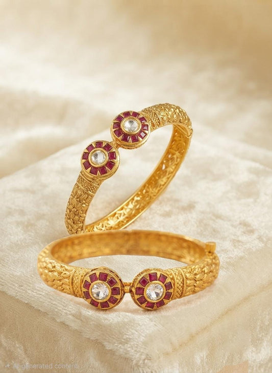 Gold Plated Kada Pair| Traditional Indian Bridal Bangle Set| Kundan Style Kada Bangles| Gold Finish Party wear Bangles| Gift for her