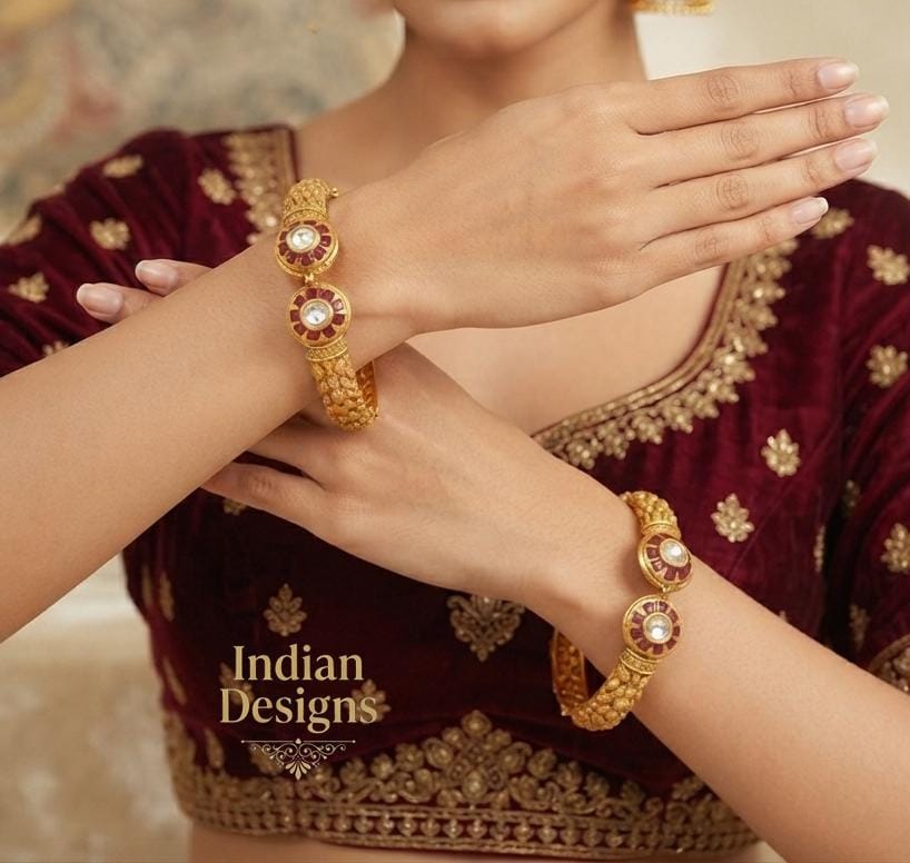 Gold Plated Kada Pair| Traditional Indian Bridal Bangle Set| Kundan Style Kada Bangles| Gold Finish Party wear Bangles| Gift for her