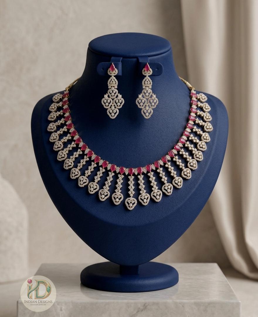 Ruby Teardrop American Diamond Necklace Set| CZ Bridal Jewelry, Indian Wedding Necklace| Statement Necklace with Earrings| Indian Designs