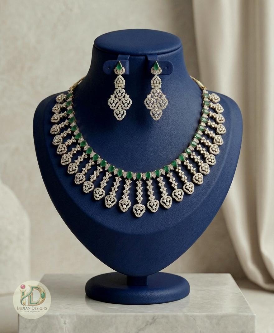 Emerald Green Teardrop American Diamond Necklace Set| CZ Bridal Party Jewelry| Indian Wedding Necklace| Statement Necklace with Earrings