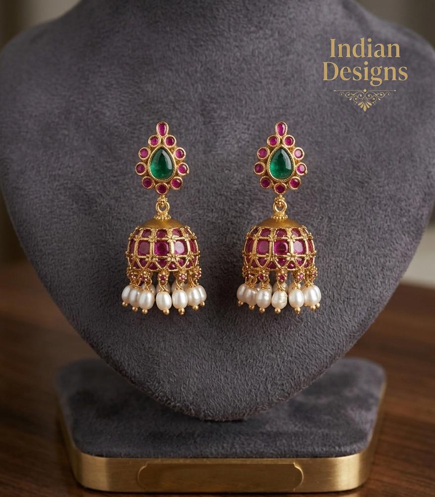 Kemp Jadau Jhumka Earrings| Traditional Indian Bridal Earrings| Gold Tone Jadau Pearl Drop Earrings| Temple Style Ethnic Earrings for Women