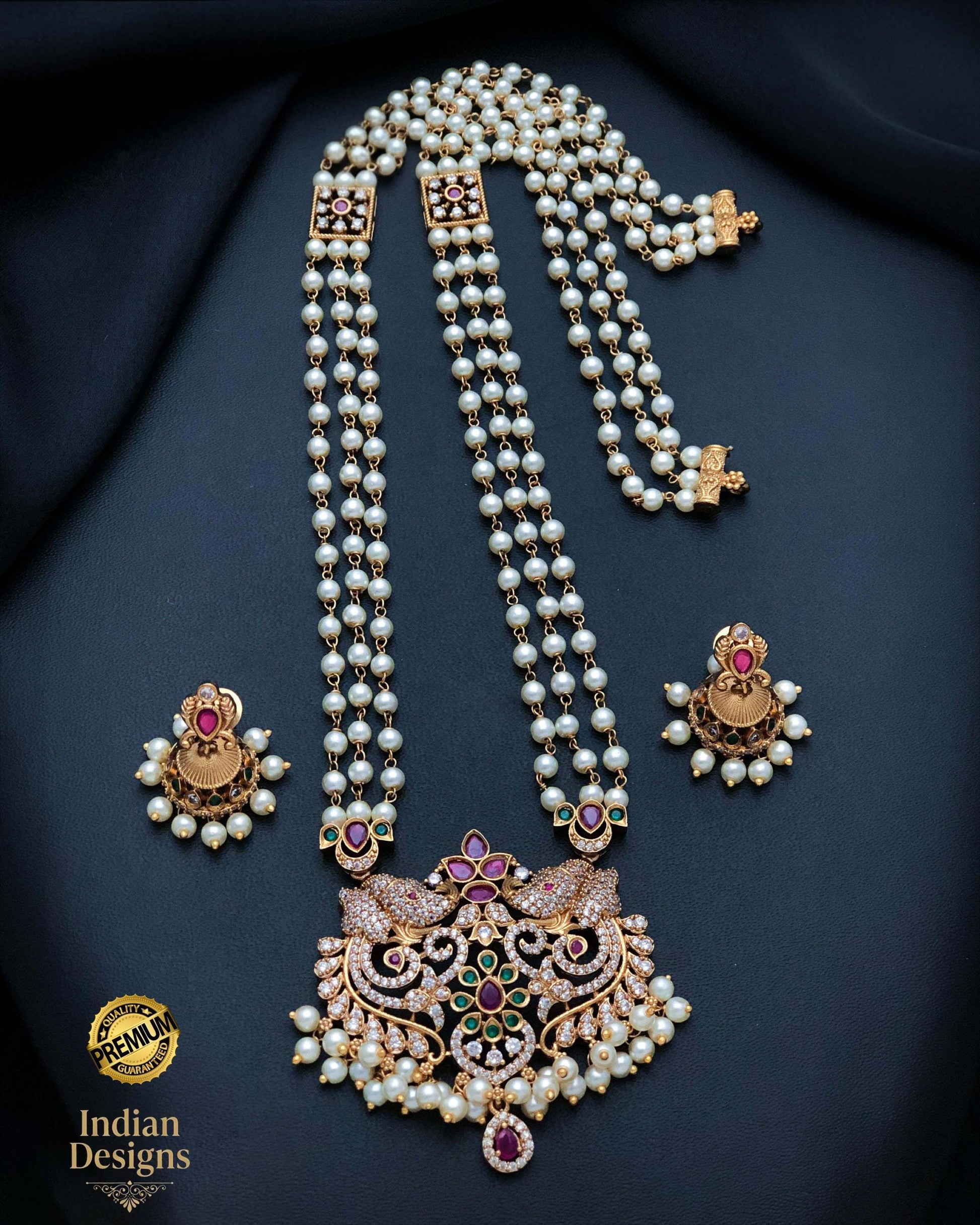 South indian matte finish pearl haram|Gold plated Indian temple Jewelry necklace set| ruby green ad stone traditional jewelry| Gift for her
