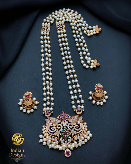 South indian matte finish pearl haram|Gold plated Indian temple Jewelry necklace set| ruby green ad stone traditional jewelry| Gift for her