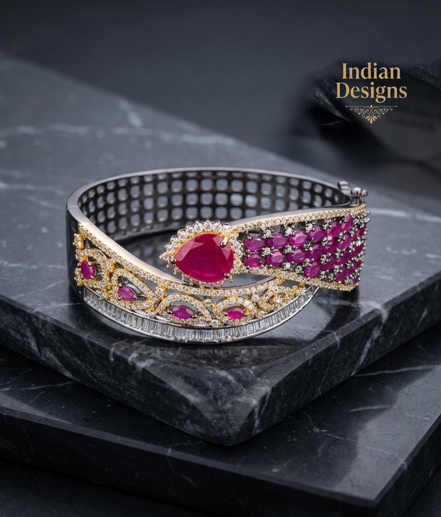 Silver Tone Ruby & Emerald CZ Bracelet for Women| Statement Kada Bangle| Bridal Party Jewelry| Open Cuff Bracelet 2.6/2.8 size| Gift for her