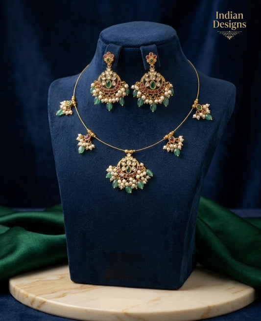 Invisible Wire Necklace and Earring Set| Traditional Indian Design with Green, Red, and Pearl Accents| Fashion Jewelry by Indian Designs