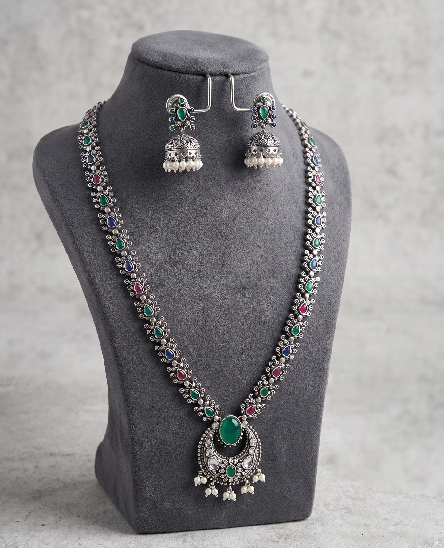 Oxidized Long Necklace Set with Jhumka Earrings| Indian Ethnic Silver Lookalike Temple Jewelry| Party Wear Fancy Jewelry Set| Festive Gift