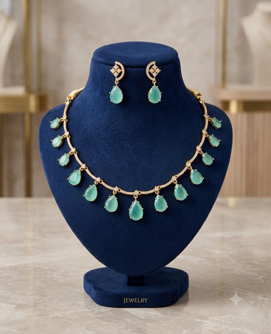 Matte Gold Teardrop CZ Necklace Set| Emerald Mint Green Statement Necklace| Indian Wedding Jewelry| Bridal Necklace Earrings| Gift for her