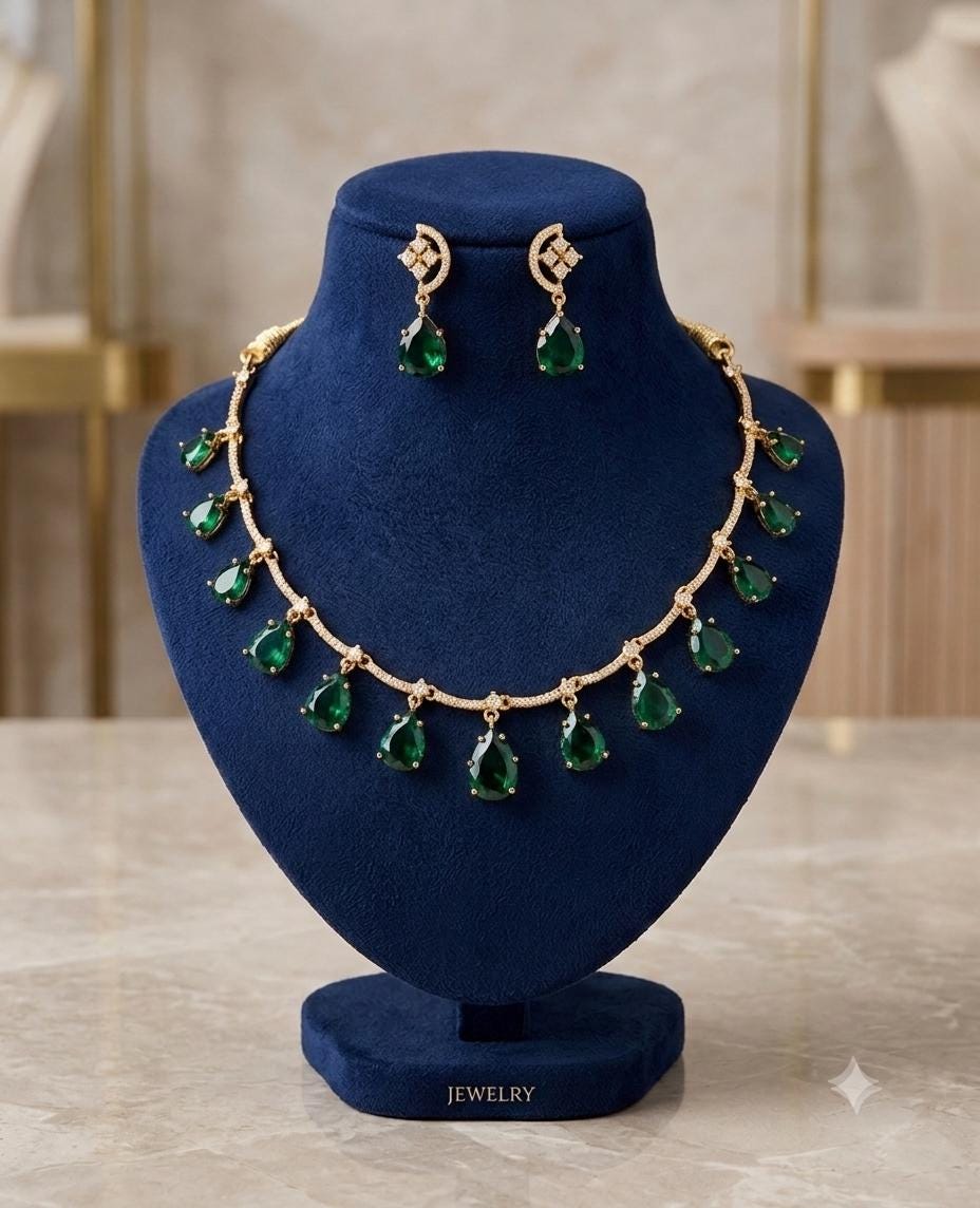 Matte Gold Teardrop CZ Necklace Set| Emerald Mint Green Statement Necklace| Indian Wedding Jewelry| Bridal Necklace Earrings| Gift for her