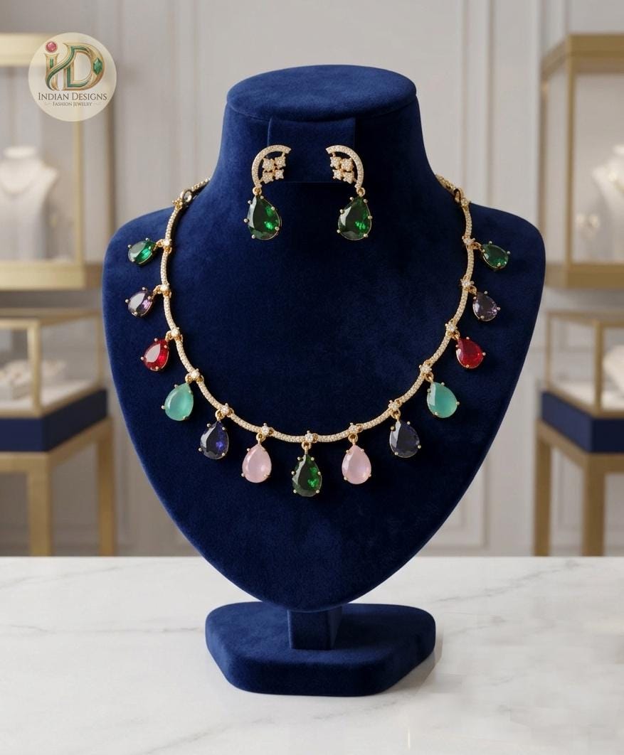 Matte Gold Teardrop CZ Necklace Set| Emerald Mint Green Statement Necklace| Indian Wedding Jewelry| Bridal Necklace Earrings| Gift for her