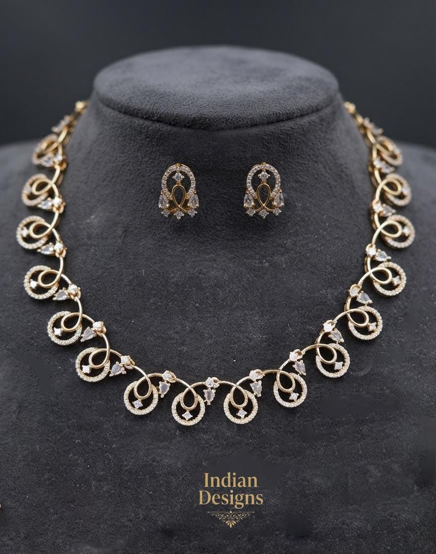 Matte Gold CZ Swirl Short Necklace Earring Set| Indian Ruby Emerald Choker Party-wear necklace| American Diamond Necklace| Gift for her