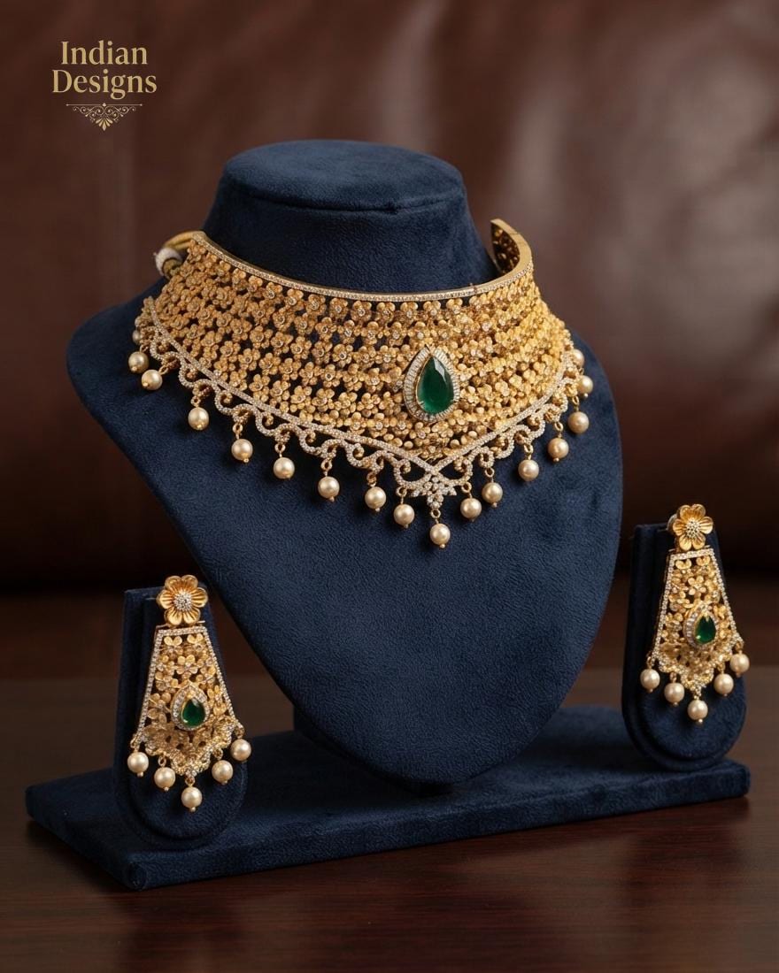 Indian Gold Plated Choker Necklace Set with Emerald Green Stone| CZ Diamond Bridal Jewelry| AD Jewelry| Wedding Party Gift for Her
