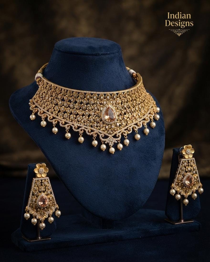 Indian Gold Plated Choker Necklace Set with Emerald Green Stone| CZ Diamond Bridal Jewelry| AD Jewelry| Wedding Party Gift for Her