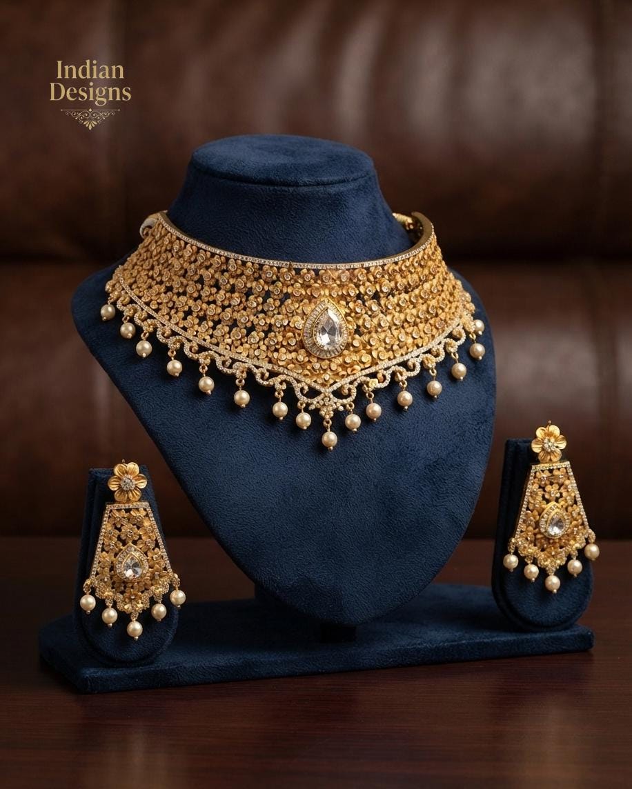 Indian Gold Plated Choker Necklace Set with Emerald Green Stone| CZ Diamond Bridal Jewelry| AD Jewelry| Wedding Party Gift for Her