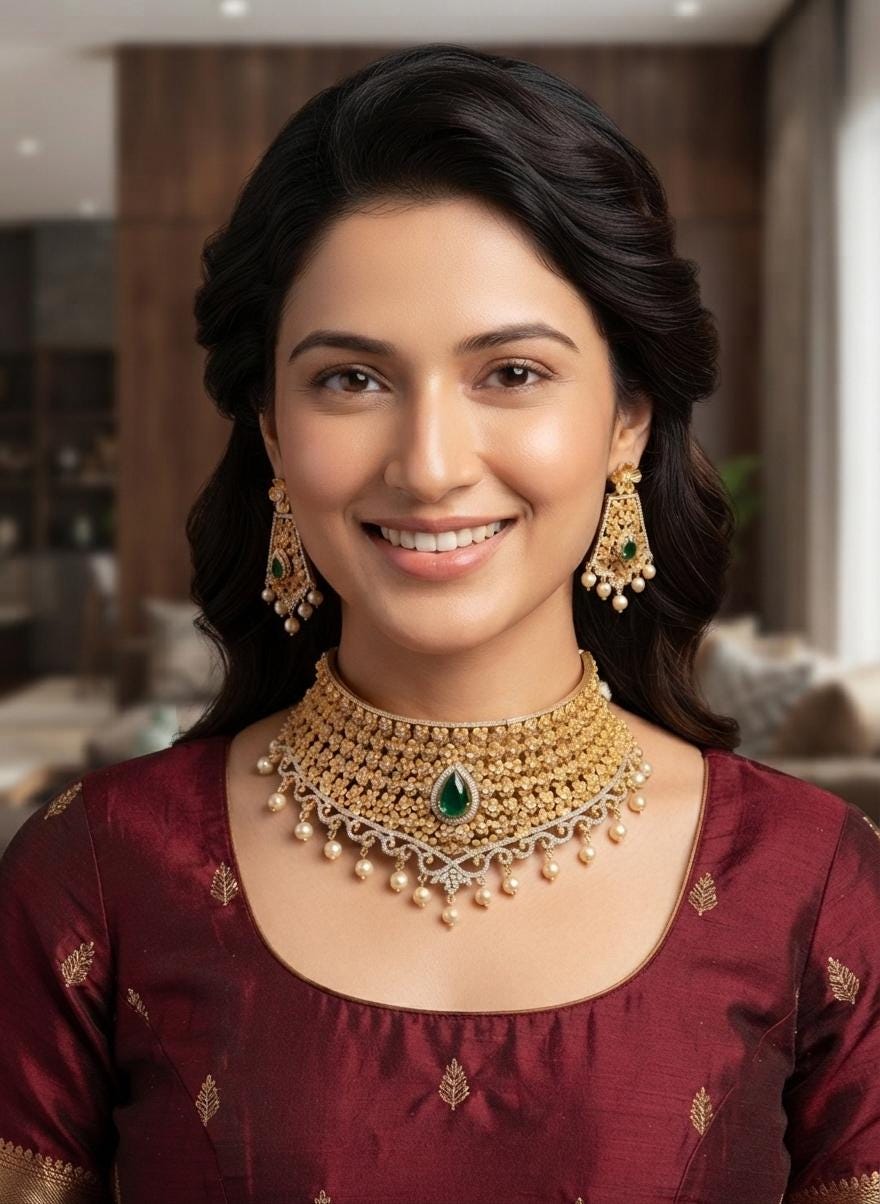 Indian Gold Plated Choker Necklace Set with Emerald Green Stone| CZ Diamond Bridal Jewelry| AD Jewelry| Wedding Party Gift for Her