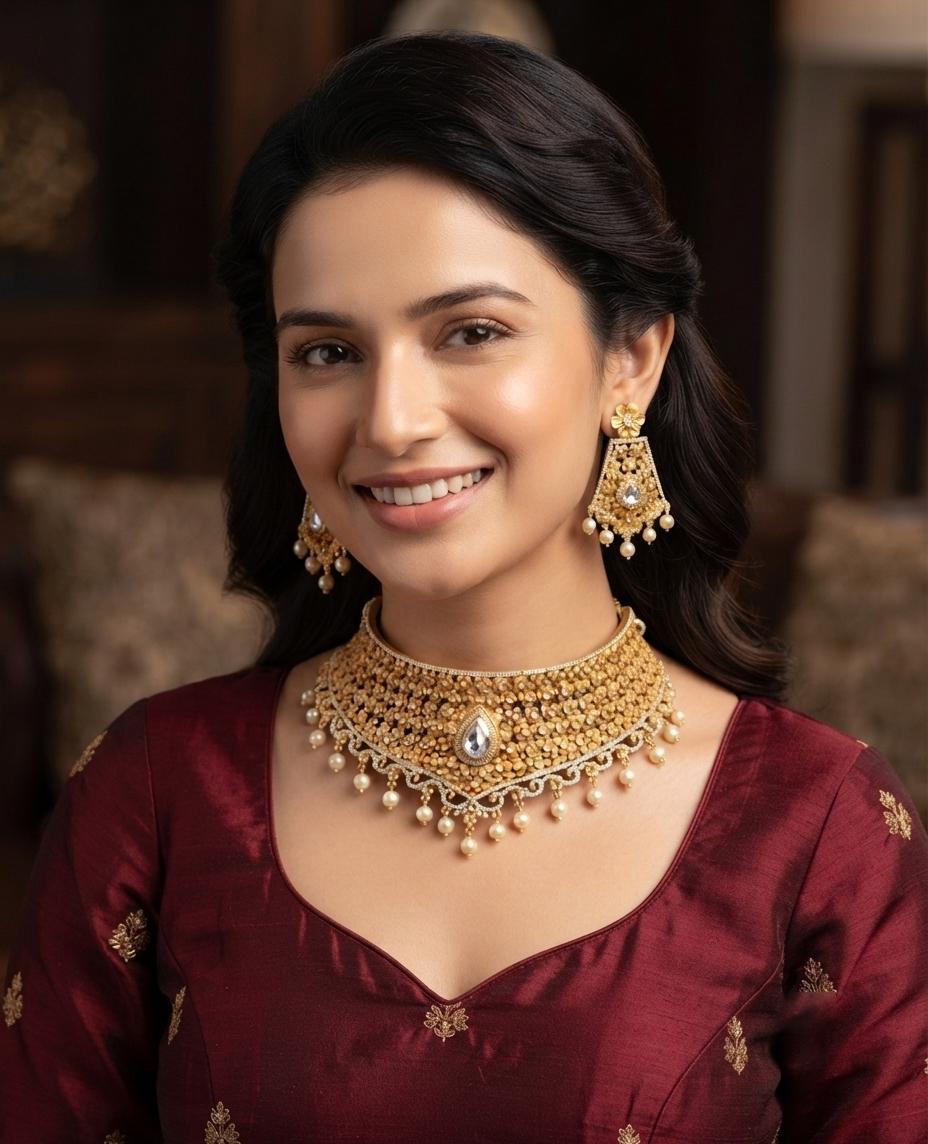Indian Gold Plated Choker Necklace Set with Emerald Green Stone| CZ Diamond Bridal Jewelry| AD Jewelry| Wedding Party Gift for Her