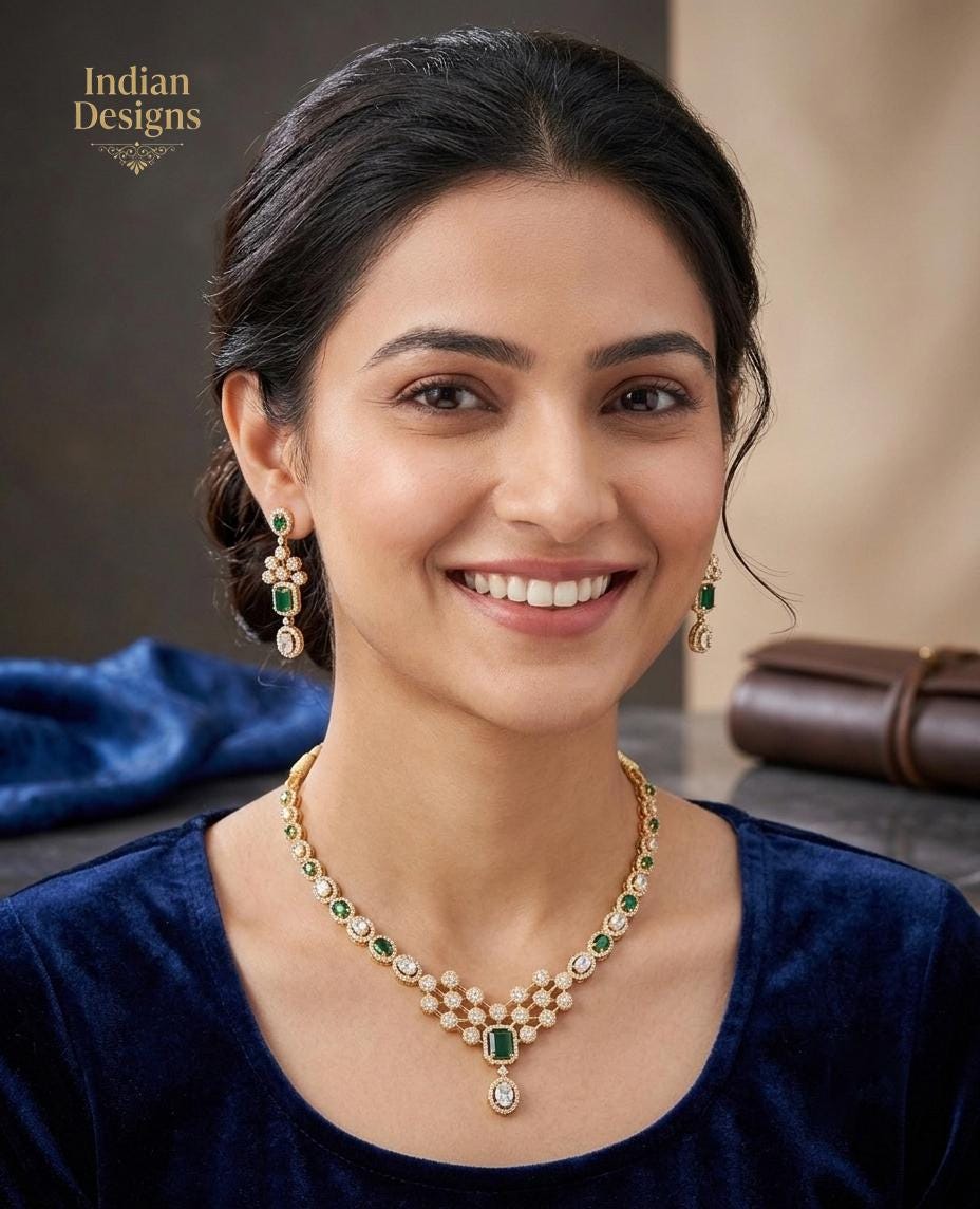 Indian Jewelry Set with Earrings| Gold Tone Bridal Necklace Set| Green and Pink AD stone necklace| Pearl Drop Necklace| Wedding Gift for her