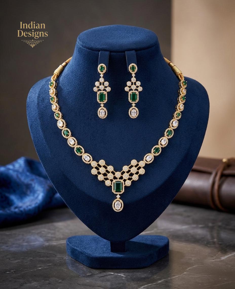 Indian Jewelry Set with Earrings| Gold Tone Bridal Necklace Set| Green and Pink AD stone necklace| Pearl Drop Necklace| Wedding Gift for her