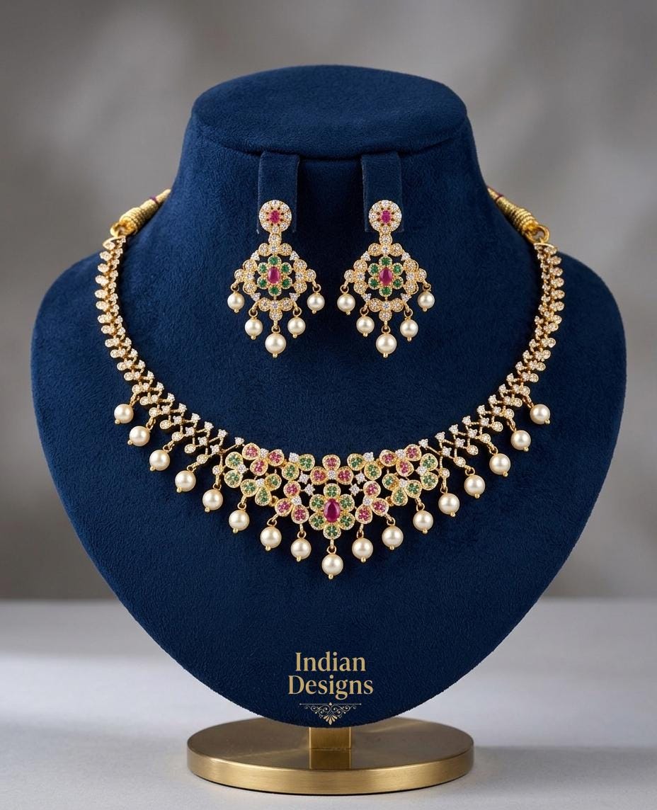 Indian Jewelry Set with Earrings| Gold Tone Bridal Necklace Set| Green and Pink AD stone necklace| Pearl Drop Necklace| Wedding Gift for her