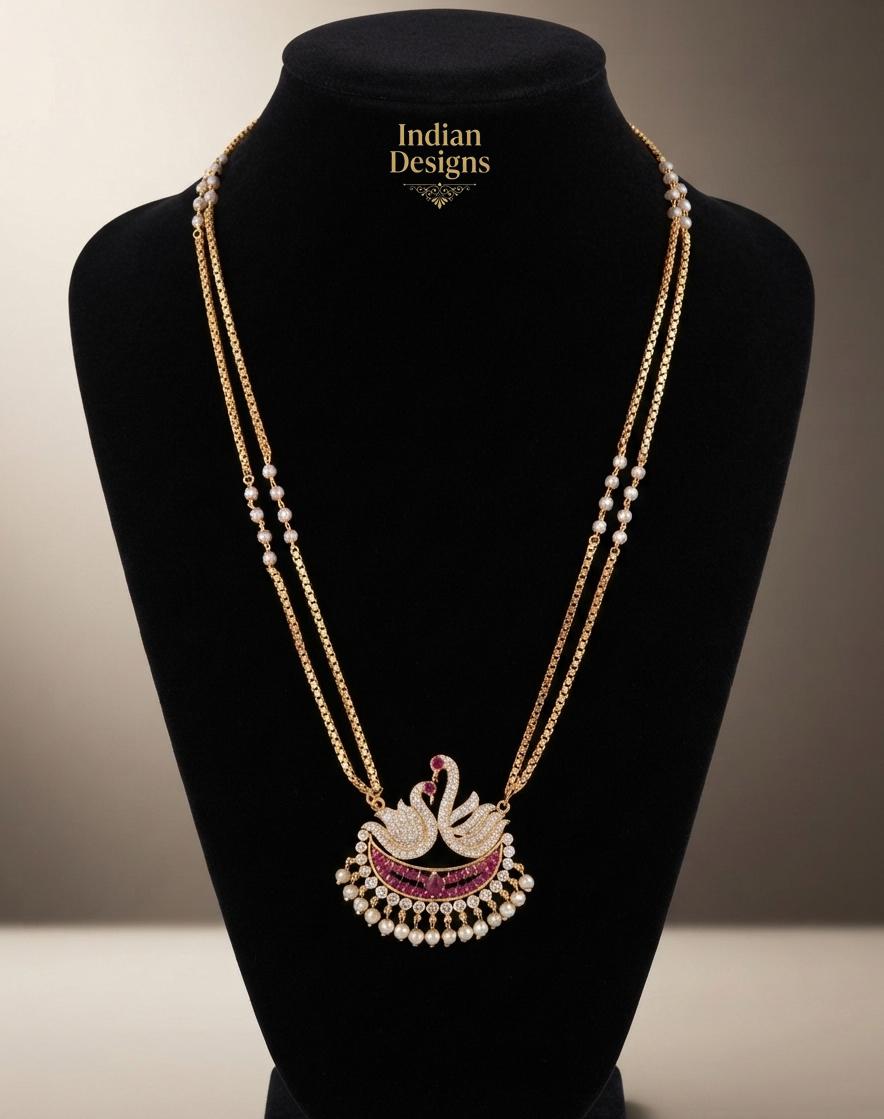 Swan Pendant Long Necklace| Indian Pearl Necklace| CZ American Diamond Necklace| Bridal Jewelry| Wedding Party Jewelry| Gift for Women