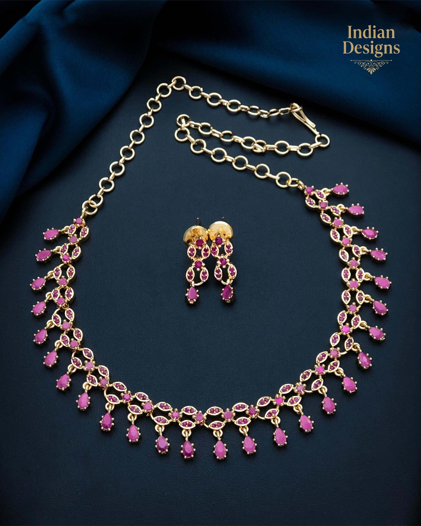 Gold Plated Indian Necklace Set with Earrings| American Diamond Necklace| Dainty Jewelry| Floral CZ Diamond Choker| Anniversary Gift for her