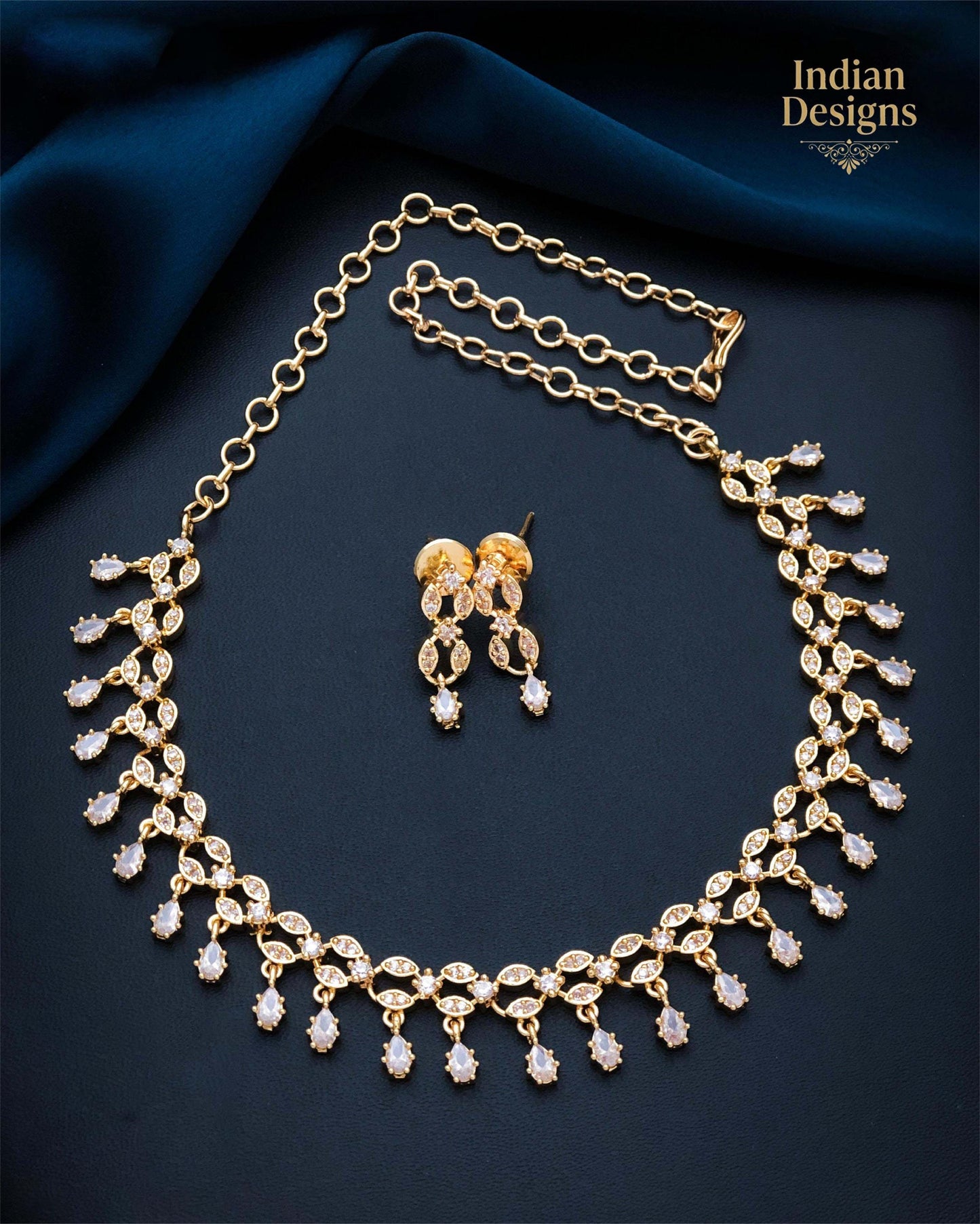 Gold Plated Indian Necklace Set with Earrings| American Diamond Necklace| Dainty Jewelry| Floral CZ Diamond Choker| Anniversary Gift for her