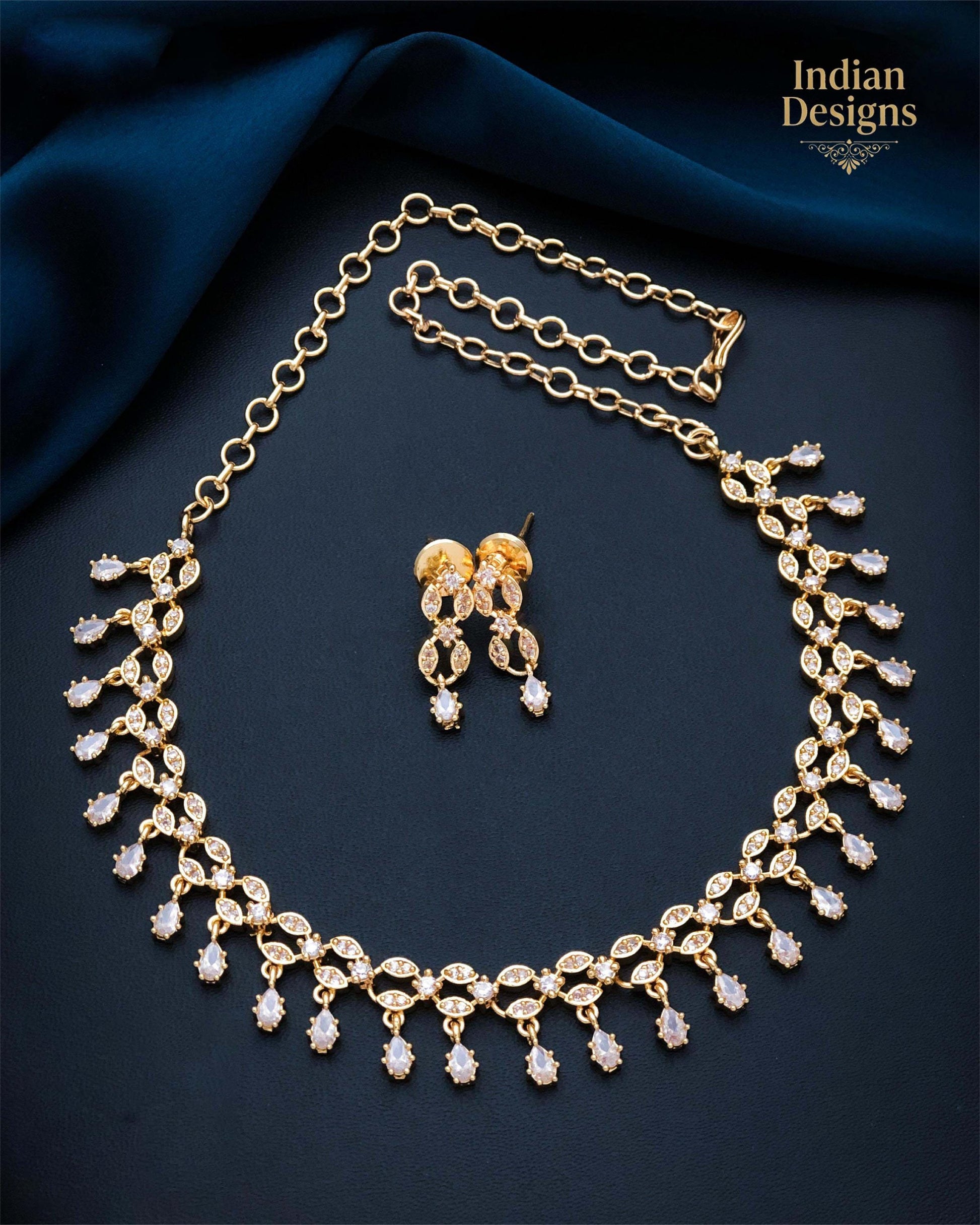 Gold Plated Indian Necklace Set with Earrings| American Diamond Necklace| Dainty Jewelry| Floral CZ Diamond Choker| Anniversary Gift for her