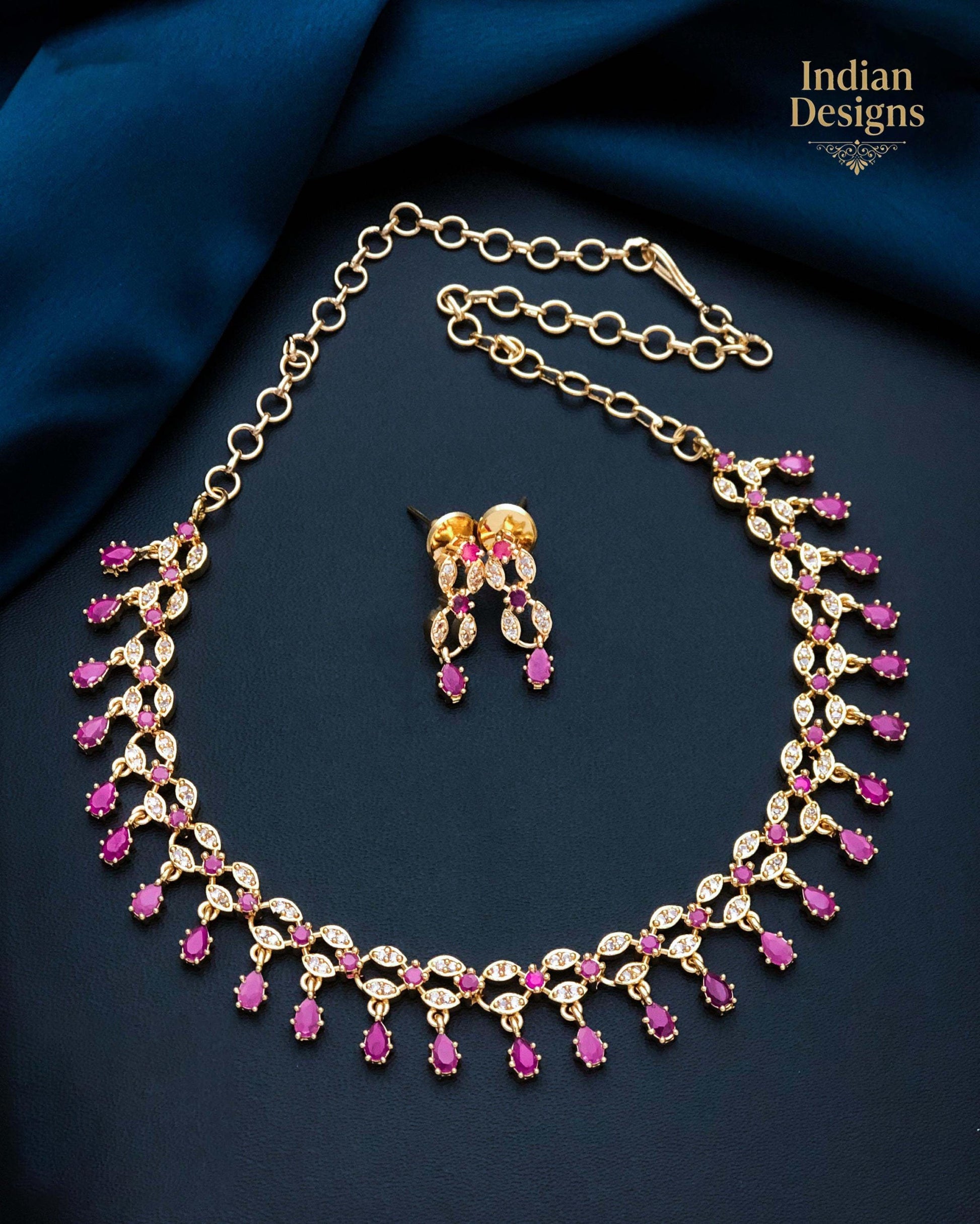 Gold Plated Indian Necklace Set with Earrings| American Diamond Necklace| Dainty Jewelry| Floral CZ Diamond Choker| Anniversary Gift for her