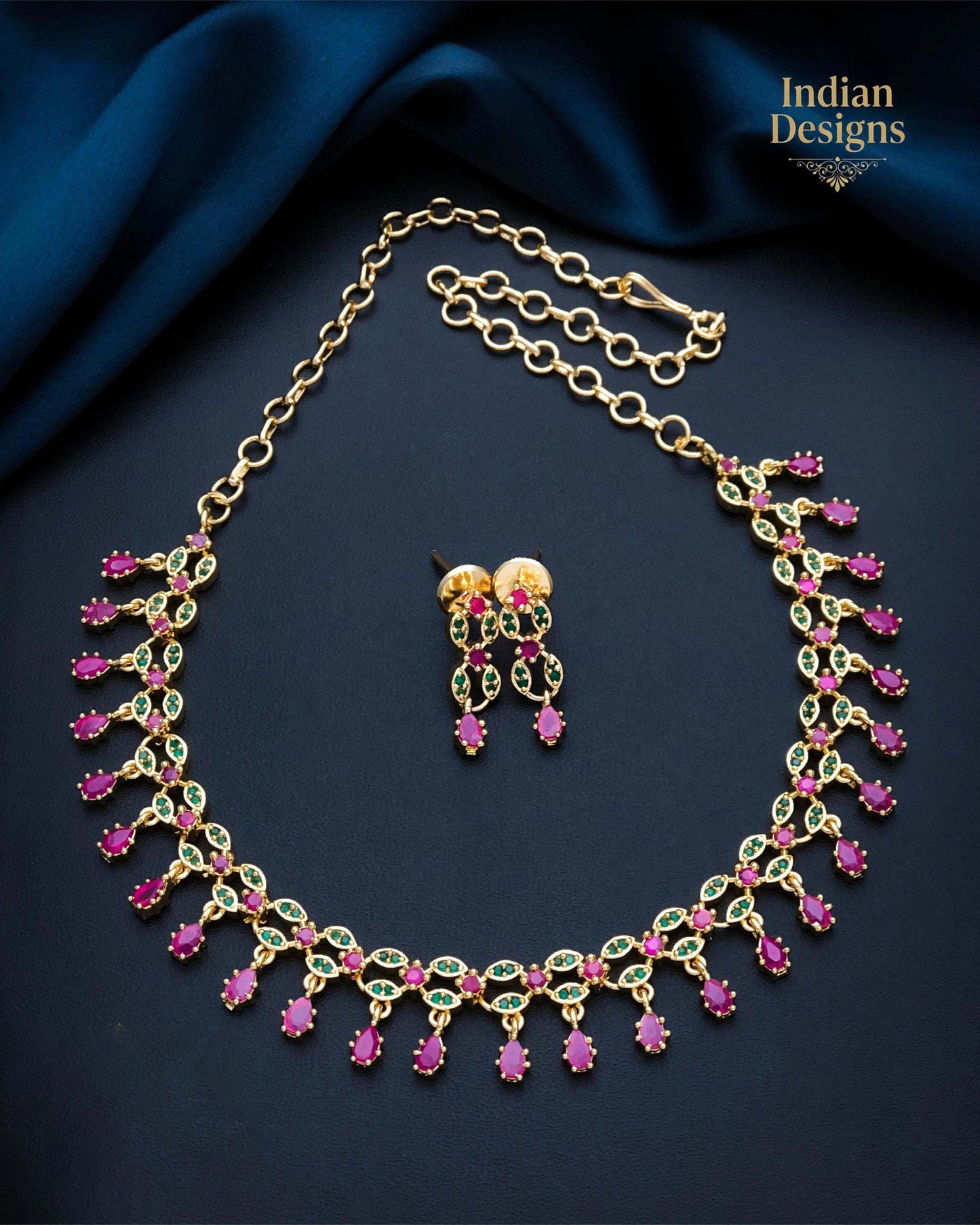 Gold Plated Indian Necklace Set with Earrings| American Diamond Necklace| Dainty Jewelry| Floral CZ Diamond Choker| Anniversary Gift for her