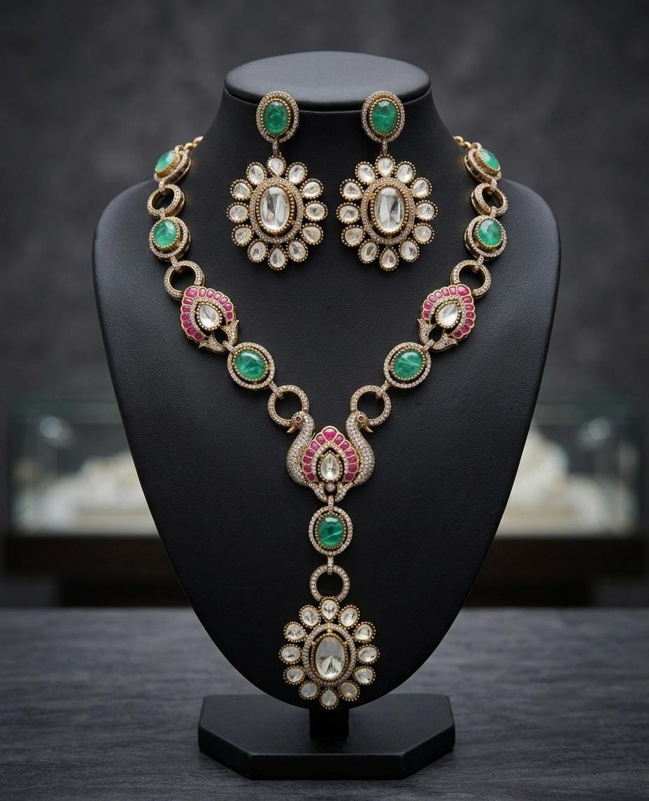 Royal Emerald & Ruby Crystal Statement Necklace Set with Earrings| Vintage Style Bridal Jewelry| Victorian Floral Drop Necklace Gift for Her