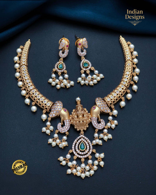 South Indian Temple Necklace Set| Lakshmi Peacock Necklace| Matte Gold Bridal Jewelry| Pearl CZ Choker| Indian Wedding Set| Gift for her