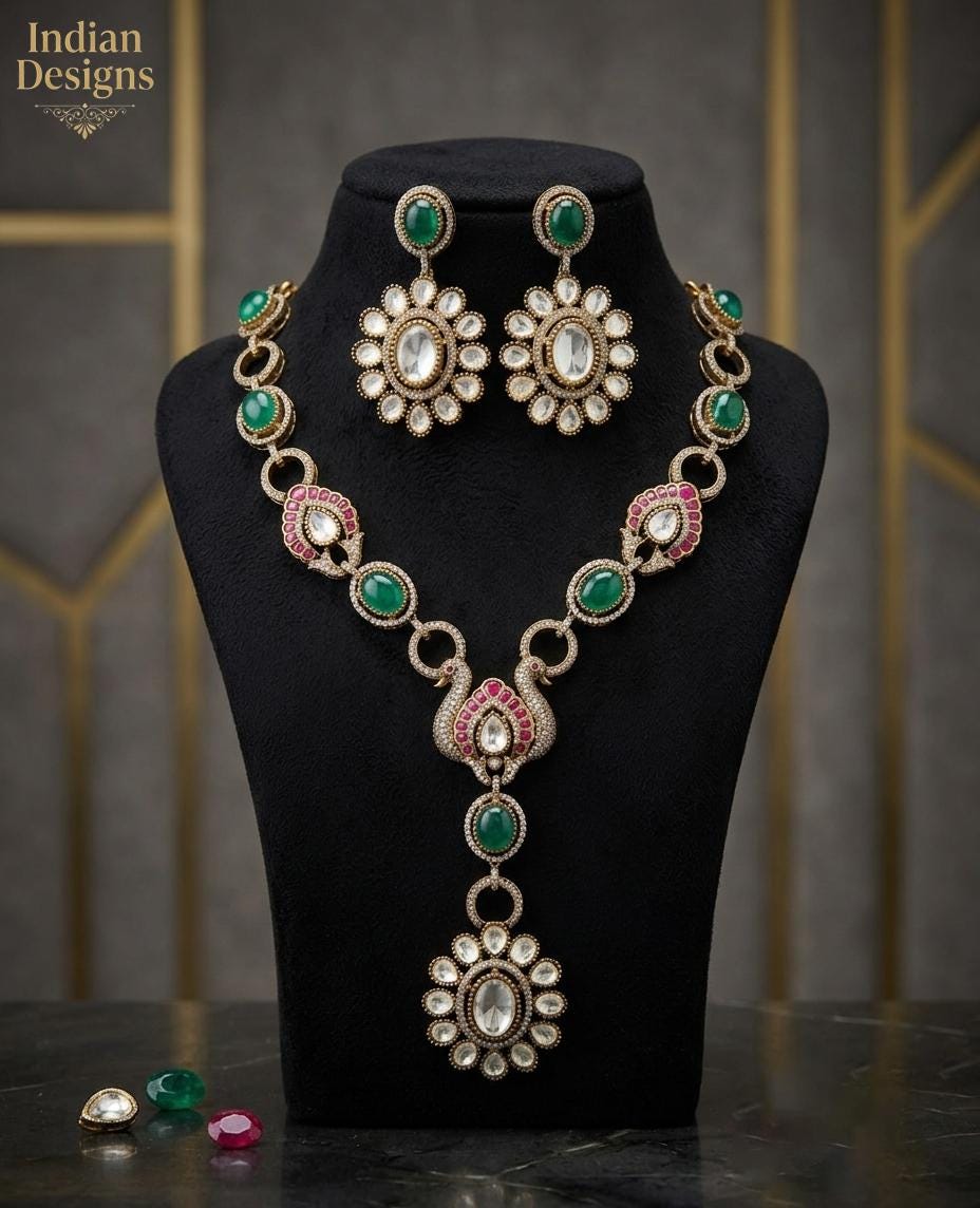 Victorian Peacock Necklace Set| Kundan Polki Jewelry Set| Emerald Green Bridal Necklace| Indian Wedding Jewelry| Statement Set| Gift for her
